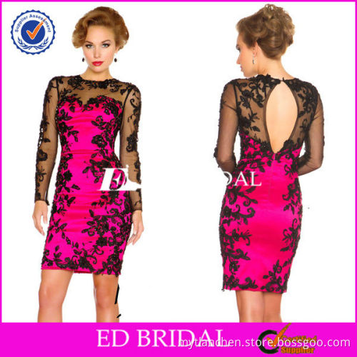 NS806 2014 New Fashion Black Appliqued Short Length Long Sleeve Party Dress